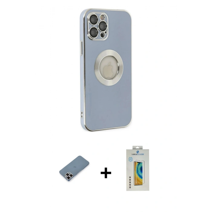 MARSİLYAN™- iPhone 12 Pro Kılıf İz Form Serisi - Siyah Polymer Nano Ekran Koruyucu + Mor Metal Kamera Lens Koruma Cam