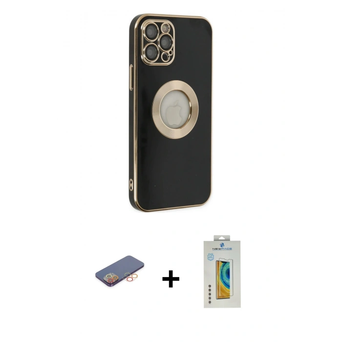 MARSİLYAN™- iPhone 12 Pro Kılıf İz Form Serisi - Siyah Polymer Nano Ekran Koruyucu + Renkli Kamera Lens Koruma Cam - TU