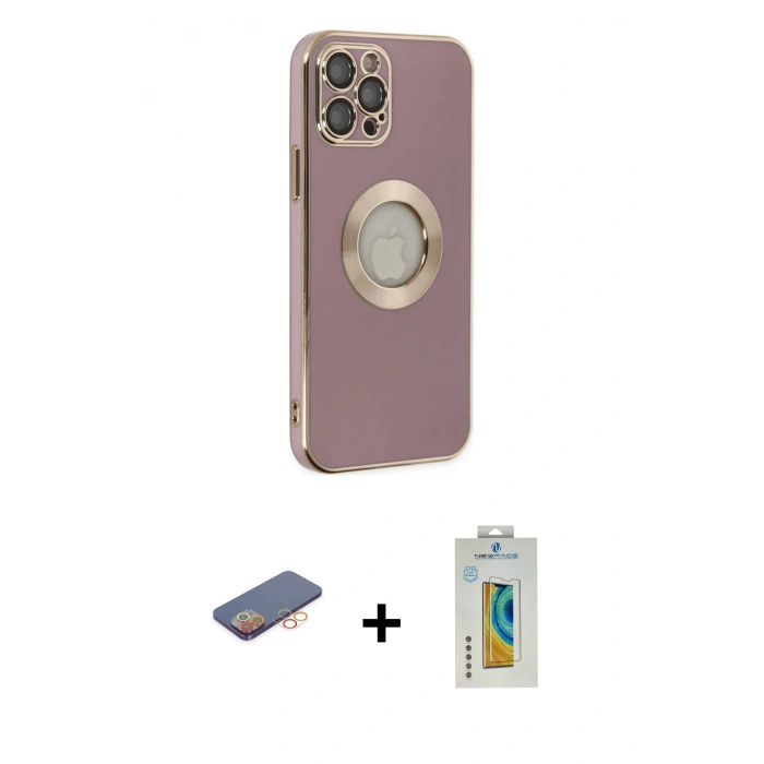 MARSİLYAN™- iPhone 12 Pro Kılıf İz Form Serisi - Siyah Polymer Nano Ekran Koruyucu + Renkli Kamera Lens Koruma Cam - TU