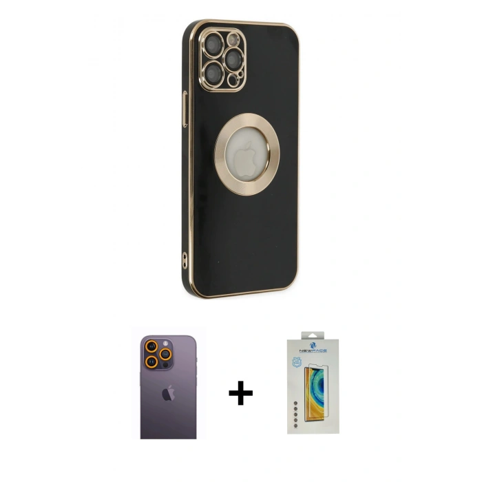 MARSİLYAN™- iPhone 12 Pro Kılıf İz Form Serisi - Siyah Polymer Nano Ekran Koruyucu + Neon Fosforlu Kamera Lens - SI