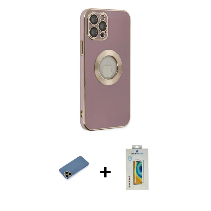 MARSİLYAN™- iPhone 12 Pro Kılıf İz Form Serisi - Siyah Polymer Nano Ekran Koruyucu + Shine Kamera Lens Koruma Cam - GD