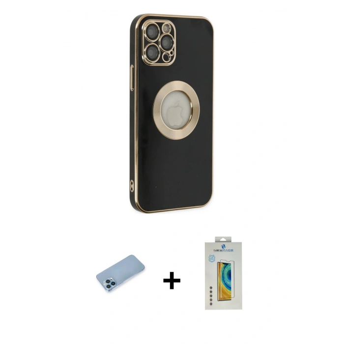 MARSİLYAN™- iPhone 12 Pro Kılıf İz Form Serisi - Siyah Polymer Nano Ekran Koruyucu + Shine Kamera Lens Koruma Cam - MI
