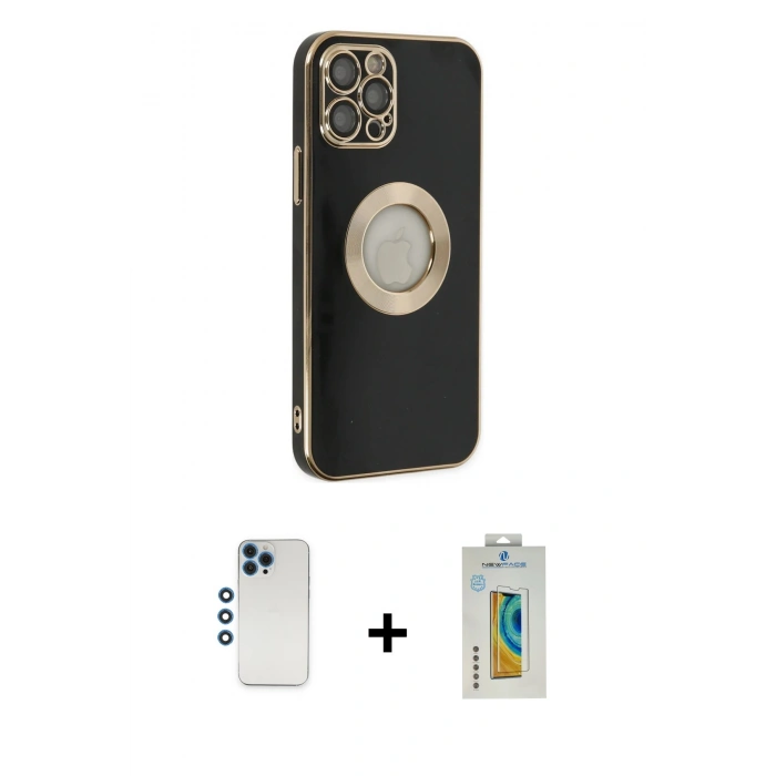 MARSİLYAN™- iPhone 12 Pro Kılıf İz Form Serisi - Siyah Polymer Nano Ekran Koruyucu + Shine Kamera Lens - MI