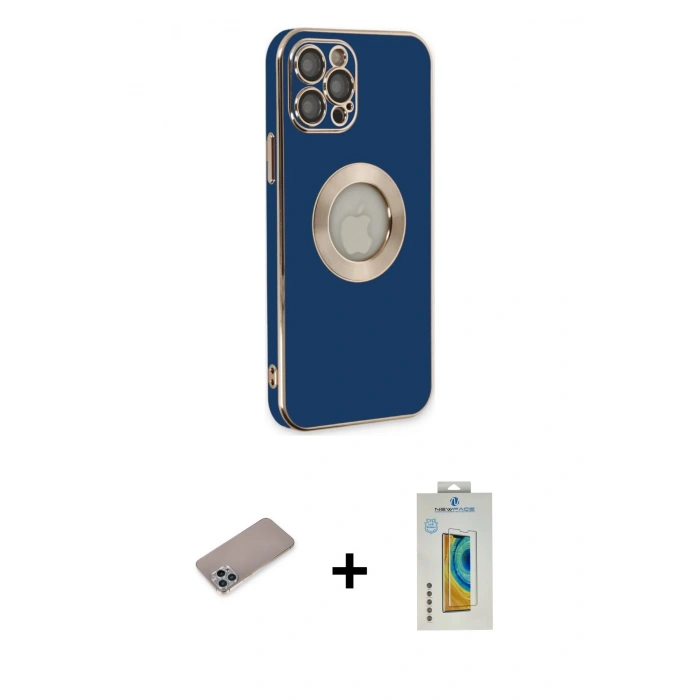MARSİLYAN™- iPhone 12 Pro Kılıf İz Form Serisi - Siyah Polymer Nano Ekran Koruyucu + Sierra Blue Shine Kamera Lens Koruma Cam
