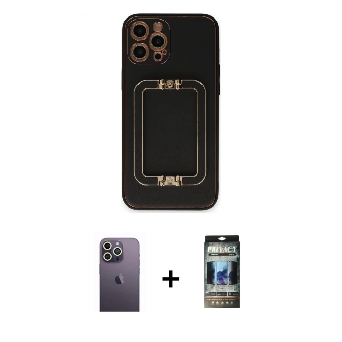 MARSİLYAN™- iPhone 12 Pro Kılıf Kozmos Minimal Prime - Siyah 34D Hayalet Izgaralı Cam + Neon Fosforlu Kamera Lens - BZ