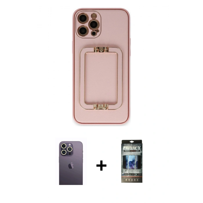 MARSİLYAN™- iPhone 12 Pro Kılıf Kozmos Minimal Prime - Siyah 34D Hayalet Izgaralı Cam + Neon Fosforlu Kamera Lens - BZ