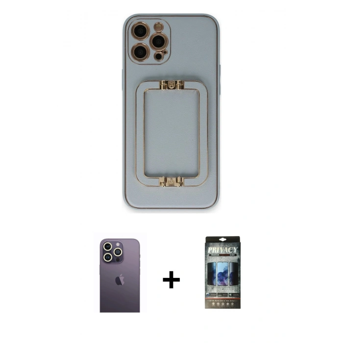 MARSİLYAN™- iPhone 12 Pro Kılıf Kozmos Minimal Prime - Siyah 34D Hayalet Izgaralı Cam + Neon Fosforlu Kamera Lens - BZ