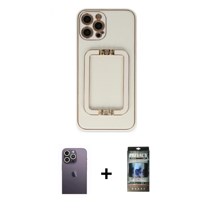 MARSİLYAN™- iPhone 12 Pro Kılıf Kozmos Minimal Prime - Siyah 34D Hayalet Izgaralı Cam + Neon Fosforlu Kamera Lens - BZ
