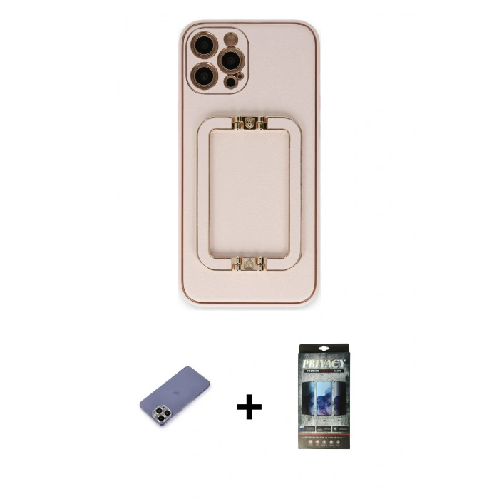 MARSİLYAN™- iPhone 12 Pro Kılıf Kozmos Minimal Prime - Siyah 34D Hayalet Izgaralı Cam + Metal Kamera Lens Koruma Cam - GD