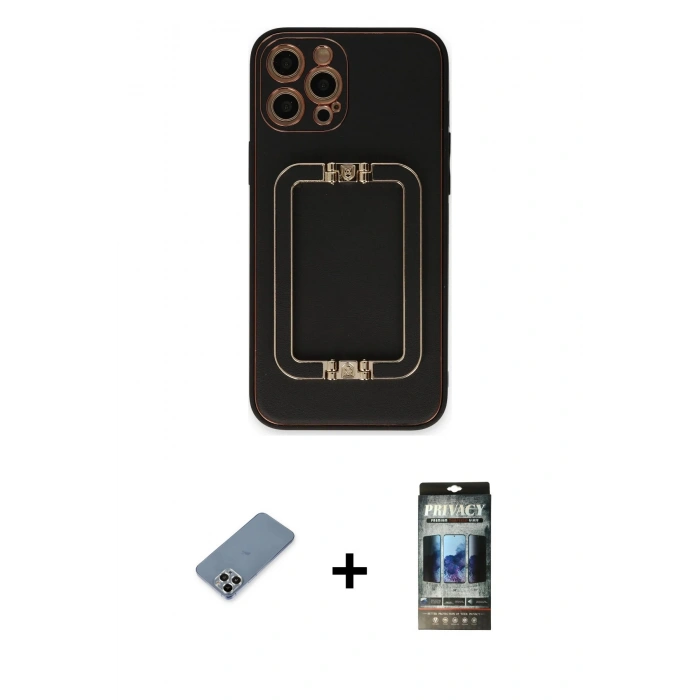 MARSİLYAN™- iPhone 12 Pro Kılıf Kozmos Minimal Prime - Siyah 34D Hayalet Izgaralı Cam + Metal Kamera Lens Koruma Cam - GS