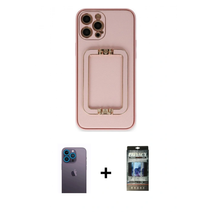 MARSİLYAN™- iPhone 12 Pro Kılıf Kozmos Minimal Prime - Siyah 34D Hayalet Izgaralı Cam + Neon Fosforlu Kamera Lens - MI