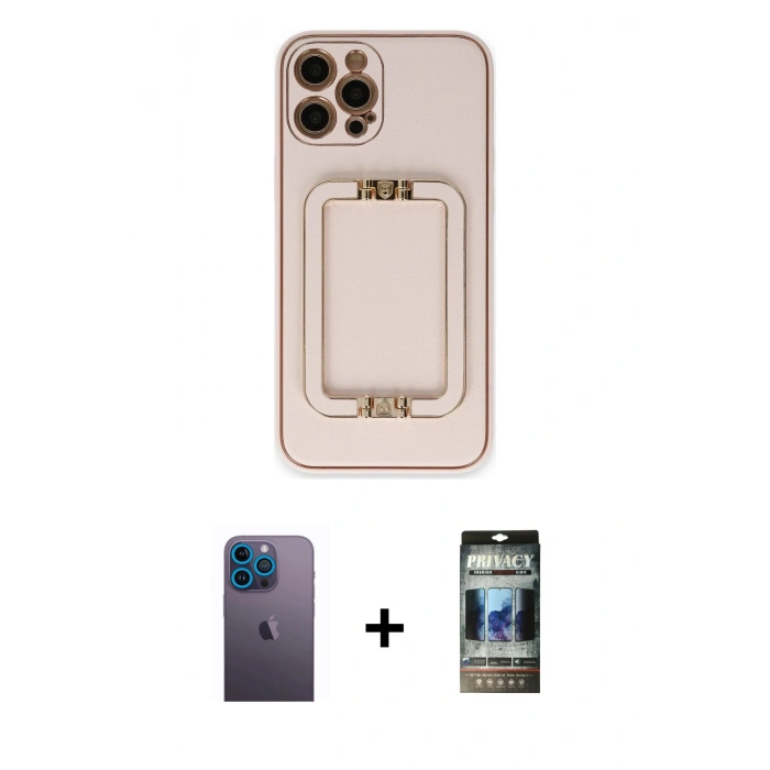 MARSİLYAN™- iPhone 12 Pro Kılıf Kozmos Minimal Prime - Siyah 34D Hayalet Izgaralı Cam + Neon Fosforlu Kamera Lens - MI