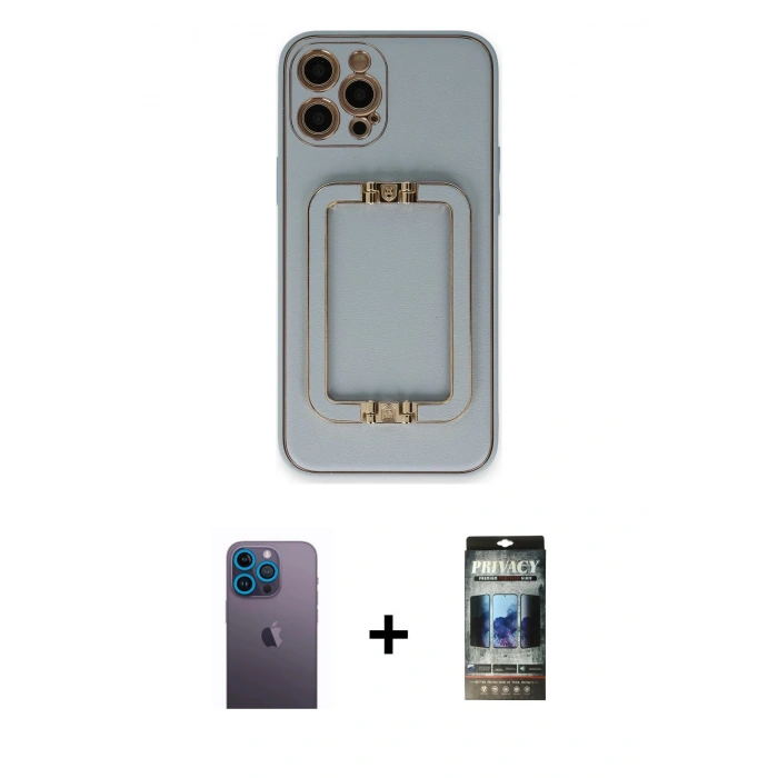 MARSİLYAN™- iPhone 12 Pro Kılıf Kozmos Minimal Prime - Siyah 34D Hayalet Izgaralı Cam + Neon Fosforlu Kamera Lens - MI