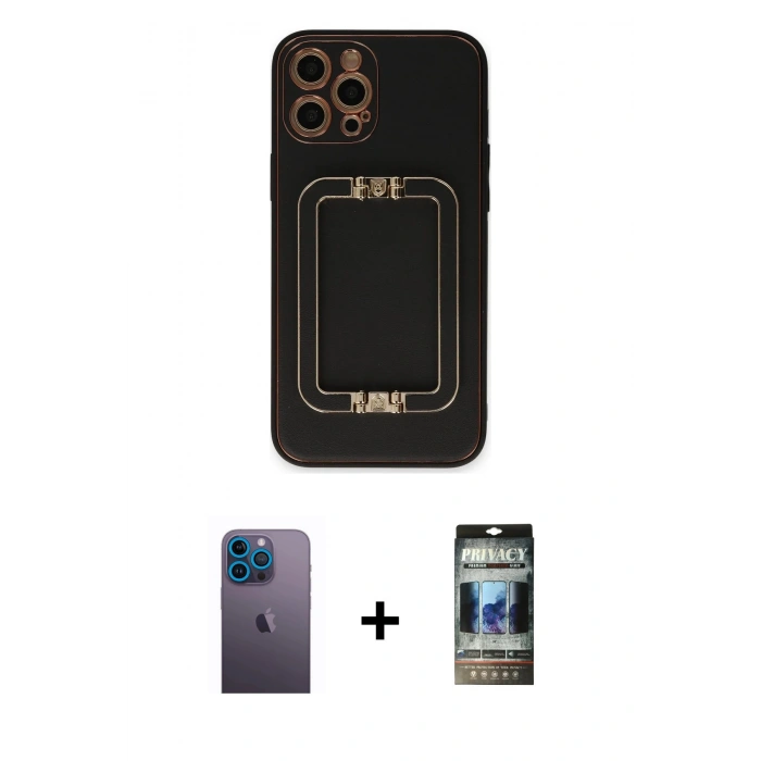 MARSİLYAN™- iPhone 12 Pro Kılıf Kozmos Minimal Prime - Siyah 34D Hayalet Izgaralı Cam + Neon Fosforlu Kamera Lens - MI