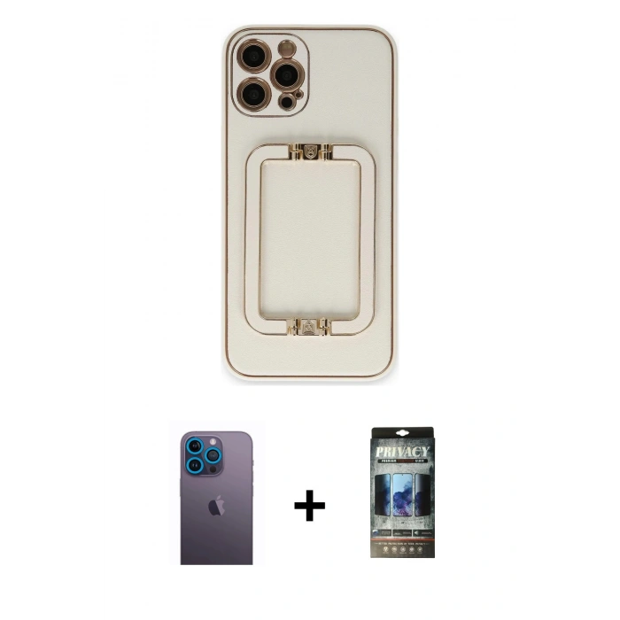 MARSİLYAN™- iPhone 12 Pro Kılıf Kozmos Minimal Prime - Siyah 34D Hayalet Izgaralı Cam + Neon Fosforlu Kamera Lens - MI