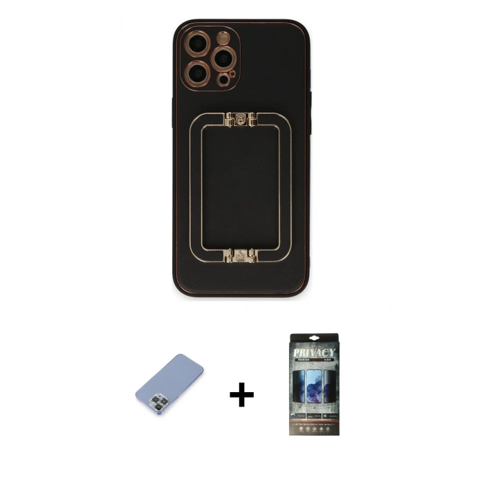 MARSİLYAN™- iPhone 12 Pro Kılıf Kozmos Minimal Prime - Siyah 34D Hayalet Izgaralı Cam + Metal Kamera Lens Koruma Cam - KUYL