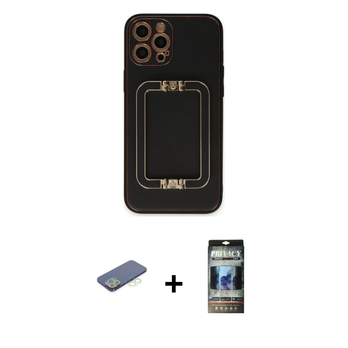 MARSİLYAN™- iPhone 12 Pro Kılıf Kozmos Minimal Prime - Siyah 34D Hayalet Izgaralı Cam + Renkli Kamera Lens Koruma Cam - YL