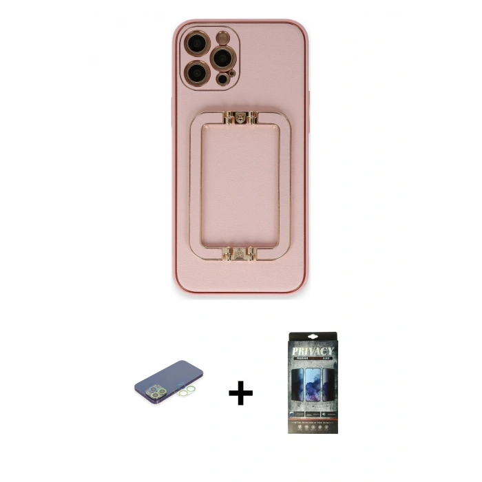 MARSİLYAN™- iPhone 12 Pro Kılıf Kozmos Minimal Prime - Siyah 34D Hayalet Izgaralı Cam + Renkli Kamera Lens Koruma Cam - YL