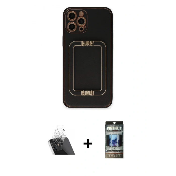 MARSİLYAN™- iPhone 12 Pro Kılıf Kozmos Minimal Prime - Siyah 34D Hayalet Izgaralı Cam + Kamera Lens Koruma Cam - SF