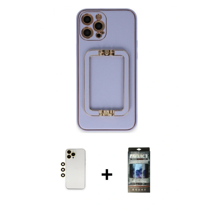 MARSİLYAN™- iPhone 12 Pro Kılıf Kozmos Minimal Prime - Siyah 34D Hayalet Izgaralı Cam + Shine Kamera Lens - GD