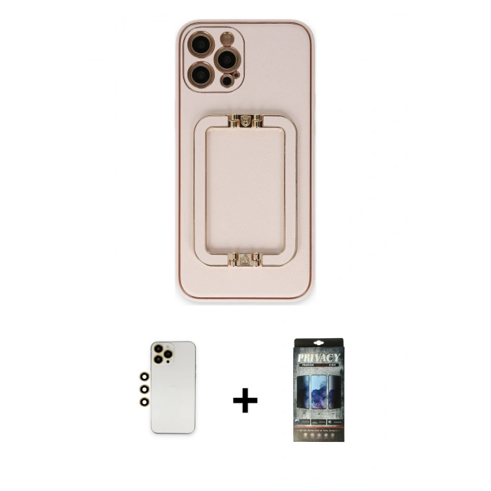 MARSİLYAN™- iPhone 12 Pro Kılıf Kozmos Minimal Prime - Siyah 34D Hayalet Izgaralı Cam + Shine Kamera Lens - GD