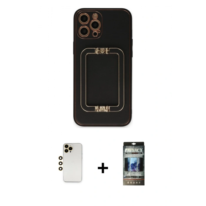 MARSİLYAN™- iPhone 12 Pro Kılıf Kozmos Minimal Prime - Siyah 34D Hayalet Izgaralı Cam + Shine Kamera Lens - GD