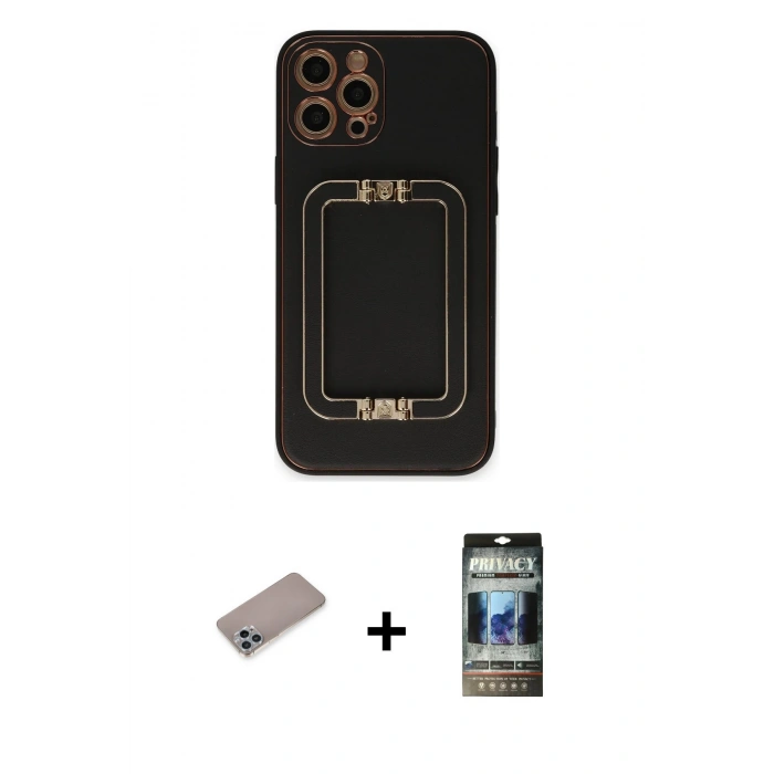 MARSİLYAN™- iPhone 12 Pro Kılıf Kozmos Minimal Prime - Siyah 34D Hayalet Izgaralı Cam + Shine Kamera Lens Koruma Cam - SABE