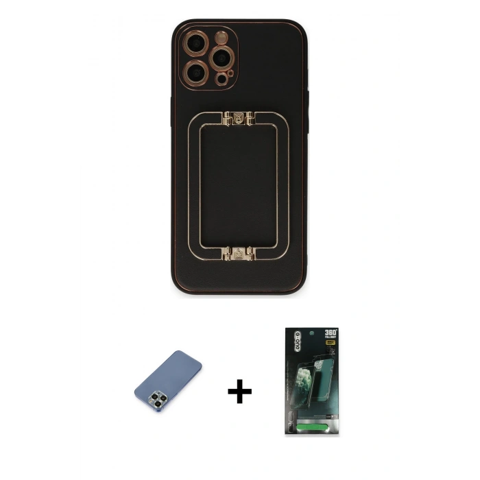 MARSİLYAN™- iPhone 12 Pro Kılıf Kozmos Minimal Prime - Siyah 360 Mat Full Body Arka Koruyucu + Metal Kamera Lens Koruma Cam - AKYL