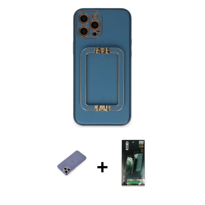 MARSİLYAN™- iPhone 12 Pro Kılıf Kozmos Minimal Prime - Siyah 360 Mat Full Body Arka Koruyucu + Metal Kamera Lens Koruma Cam - GD