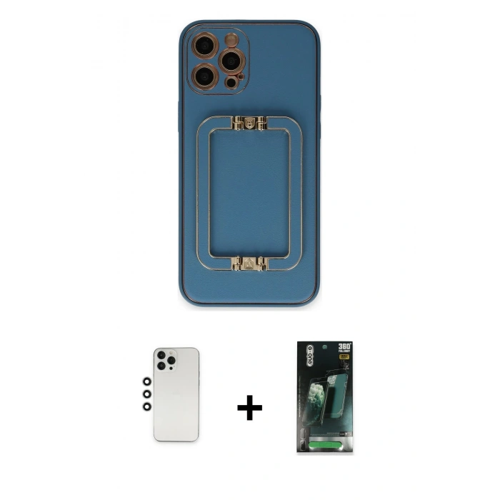 MARSİLYAN™- iPhone 12 Pro Kılıf Kozmos Minimal Prime - Siyah 360 Mat Full Body Arka Koruyucu + Shine Kamera Lens - GS