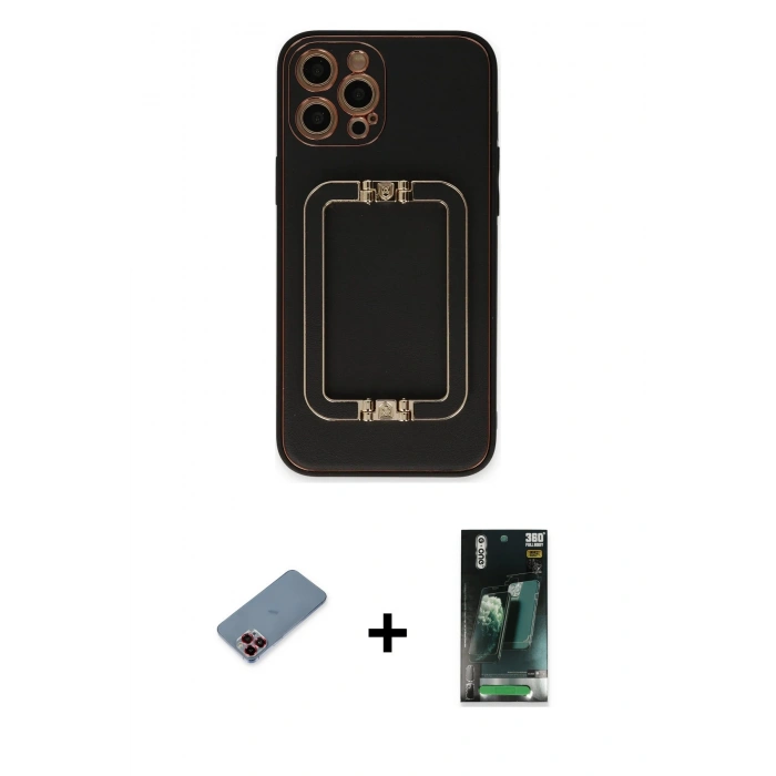 MARSİLYAN™- iPhone 12 Pro Kılıf Kozmos Minimal Prime - Siyah 360 Mat Full Body Arka Koruyucu + Metal Kamera Lens Koruma Cam - KI