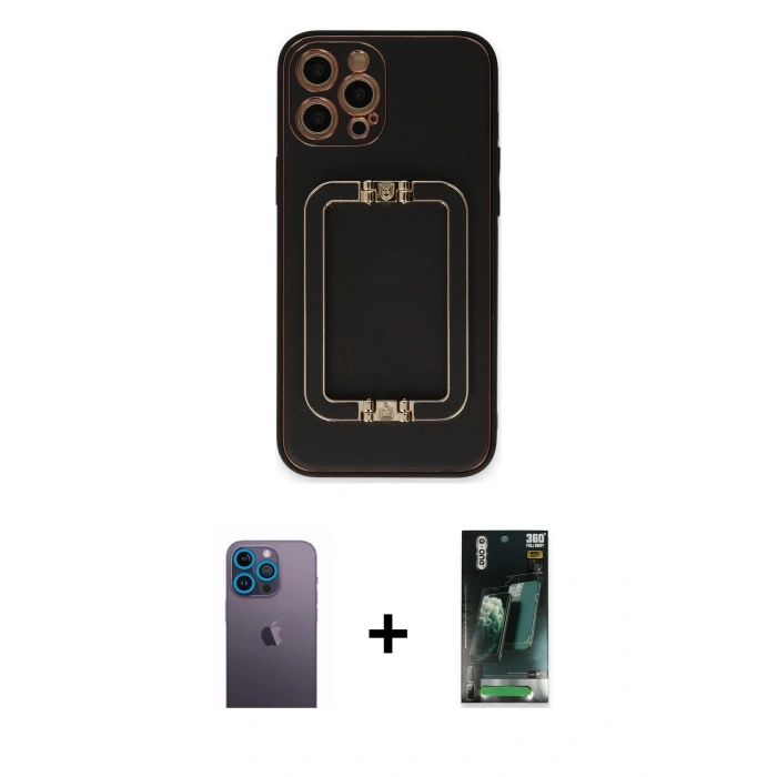 MARSİLYAN™- iPhone 12 Pro Kılıf Kozmos Minimal Prime - Siyah 360 Mat Full Body Arka Koruyucu + Neon Fosforlu Kamera Lens - MI