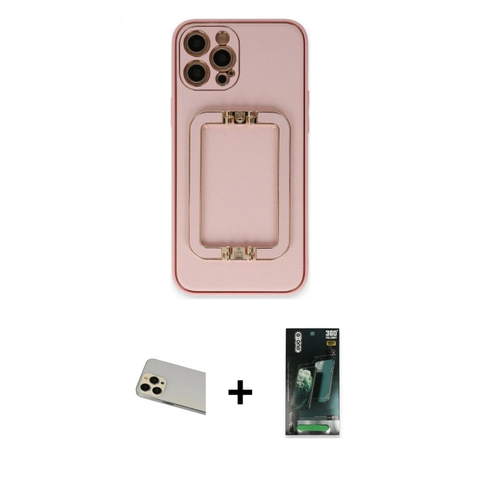 MARSİLYAN™- iPhone 12 Pro Kılıf Kozmos Minimal Prime - Siyah 360 Mat Full Body Arka Koruyucu + Rainbow Kamera Lens Koruma Cam - GD