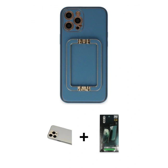 MARSİLYAN™- iPhone 12 Pro Kılıf Kozmos Minimal Prime - Siyah 360 Mat Full Body Arka Koruyucu + Rainbow Kamera Lens Koruma Cam - GD