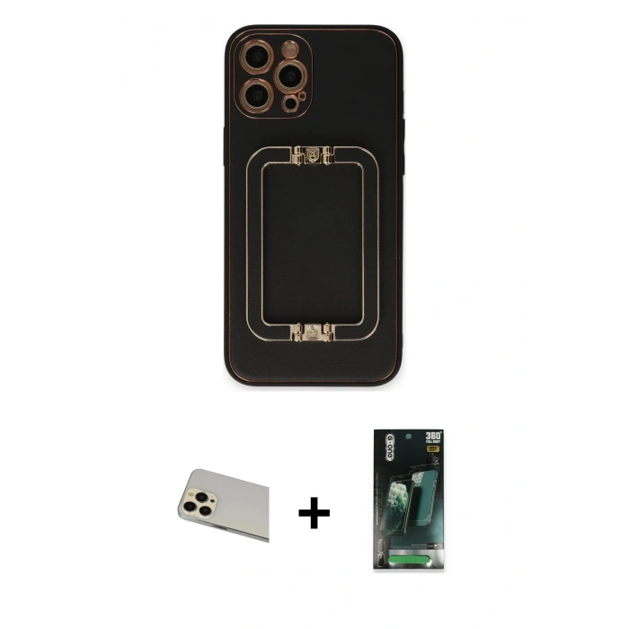 MARSİLYAN™- iPhone 12 Pro Kılıf Kozmos Minimal Prime - Siyah 360 Mat Full Body Arka Koruyucu + Rainbow Kamera Lens Koruma Cam - GD