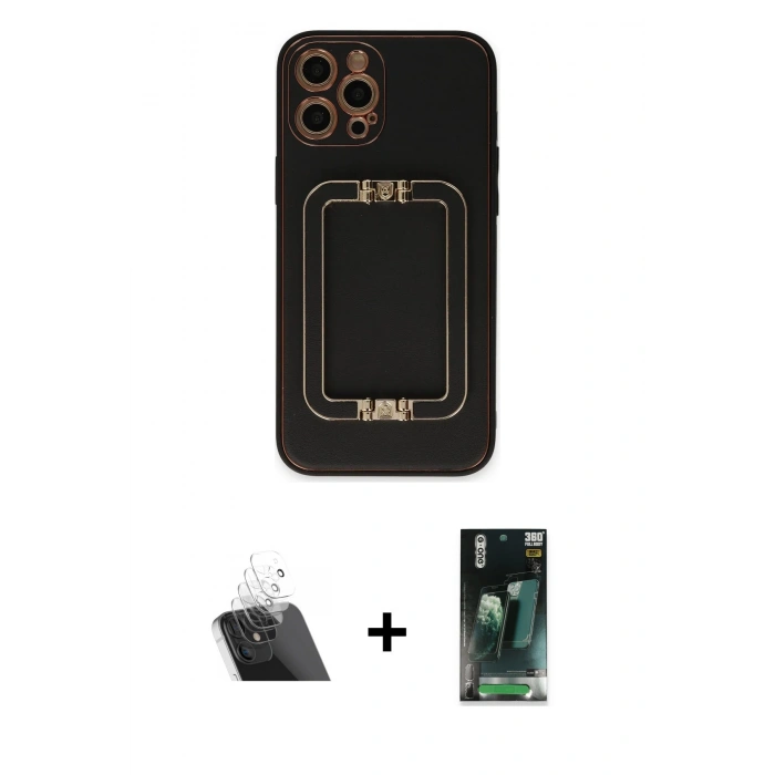 MARSİLYAN™- iPhone 12 Pro Kılıf Kozmos Minimal Prime - Siyah 360 Mat Full Body Arka Koruyucu + Kamera Lens Koruma Cam - SF