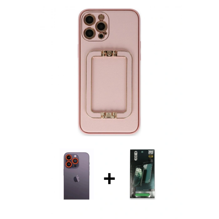 MARSİLYAN™- iPhone 12 Pro Kılıf Kozmos Minimal Prime - Siyah 360 Mat Full Body Arka Koruyucu + Turuncu Neon Fosforlu Kamera Lens