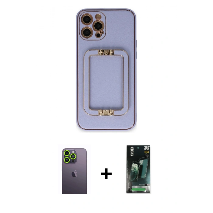 MARSİLYAN™- iPhone 12 Pro Kılıf Kozmos Minimal Prime - Siyah 360 Mat Full Body Arka Koruyucu + Neon Fosforlu Kamera Lens - YL