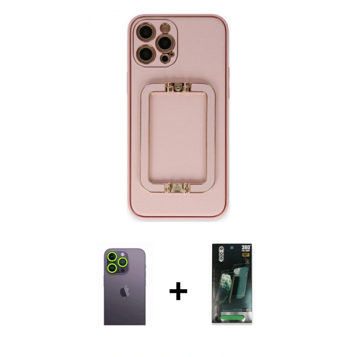 MARSİLYAN™- iPhone 12 Pro Kılıf Kozmos Minimal Prime - Siyah 360 Mat Full Body Arka Koruyucu + Neon Fosforlu Kamera Lens - YL