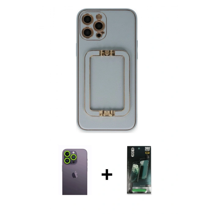 MARSİLYAN™- iPhone 12 Pro Kılıf Kozmos Minimal Prime - Siyah 360 Mat Full Body Arka Koruyucu + Neon Fosforlu Kamera Lens - YL