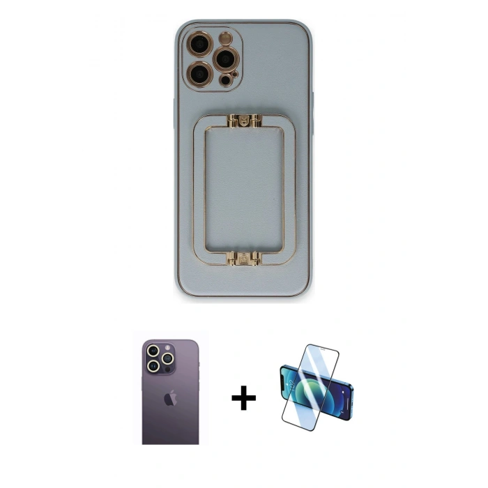 MARSİLYAN™- iPhone 12 Pro Kılıf Kozmos Minimal Prime - Siyah 3D Antistatik Cam Ekran Koruyucu + Neon Fosforlu Kamera Lens - BZ