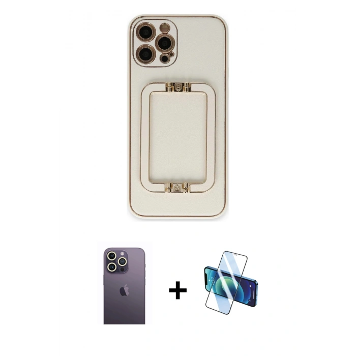 MARSİLYAN™- iPhone 12 Pro Kılıf Kozmos Minimal Prime - Siyah 3D Antistatik Cam Ekran Koruyucu + Neon Fosforlu Kamera Lens - BZ