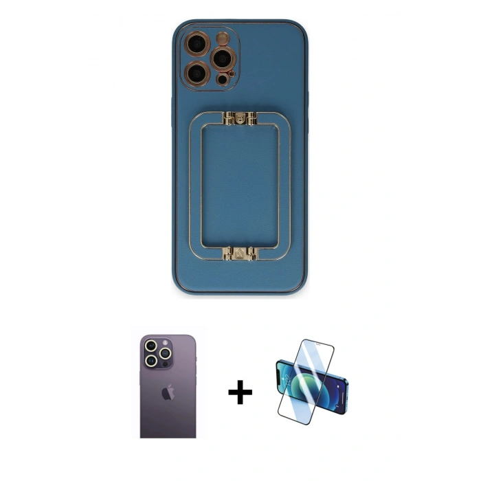 MARSİLYAN™- iPhone 12 Pro Kılıf Kozmos Minimal Prime - Siyah 3D Antistatik Cam Ekran Koruyucu + Neon Fosforlu Kamera Lens - BZ