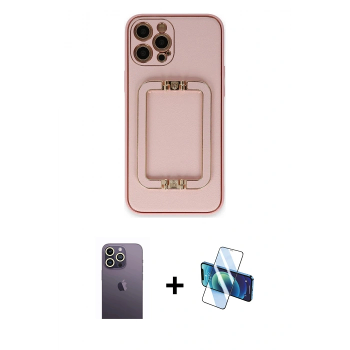 MARSİLYAN™- iPhone 12 Pro Kılıf Kozmos Minimal Prime - Siyah 3D Antistatik Cam Ekran Koruyucu + Neon Fosforlu Kamera Lens - BZ