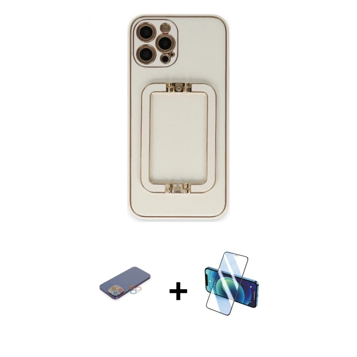 MARSİLYAN™- iPhone 12 Pro Kılıf Kozmos Minimal Prime - Siyah 3D Antistatik Cam Ekran Koruyucu + Renkli Kamera Lens Koruma Cam - PE