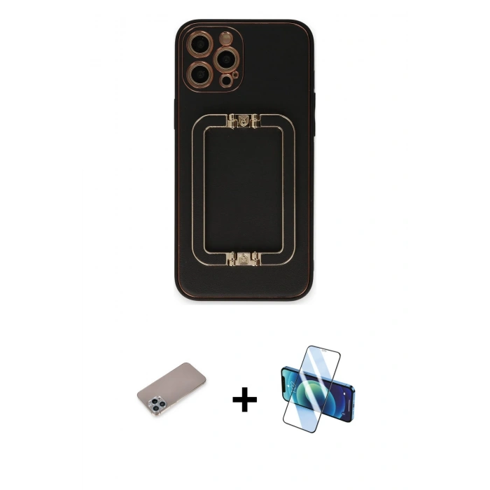 MARSİLYAN™- iPhone 12 Pro Kılıf Kozmos Minimal Prime - Siyah 3D Antistatik Cam Ekran Koruyucu + Shine Kamera Lens Koruma Cam - SABE