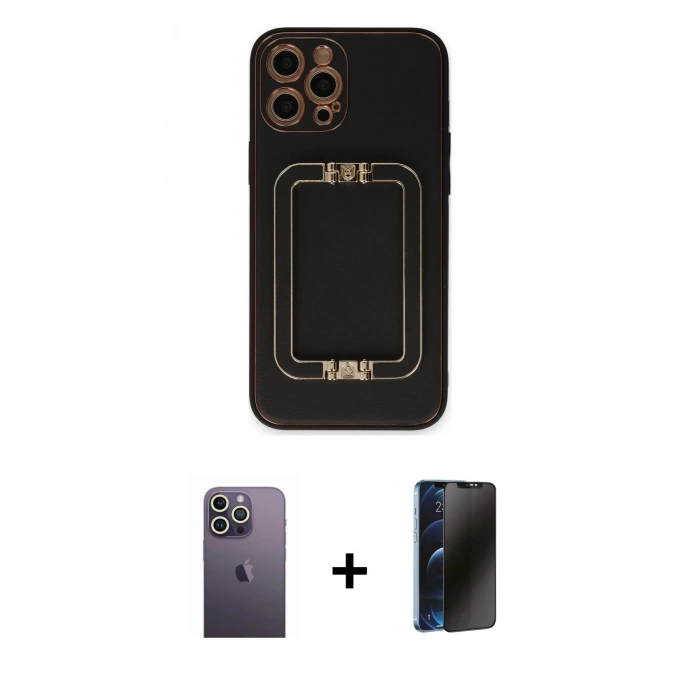 MARSİLYAN™- iPhone 12 Pro Kılıf Kozmos Minimal Prime - Siyah 3D Antistatik Hayalet Cam Ekran Koruyucu + Neon Fosforlu Kamera Lens - BZ