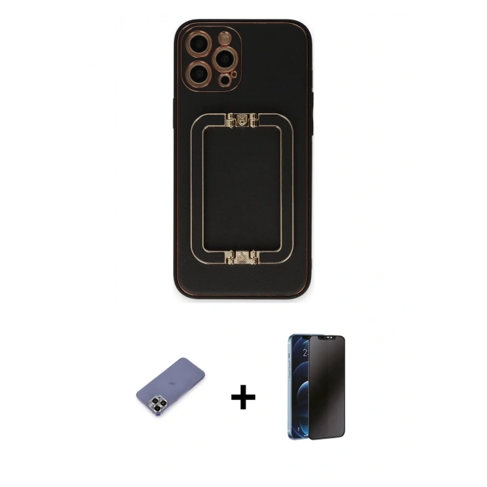 MARSİLYAN™- iPhone 12 Pro Kılıf Kozmos Minimal Prime - Siyah 3D Antistatik Hayalet Cam Ekran Koruyucu + Metal Kamera Lens Koruma Cam - GD