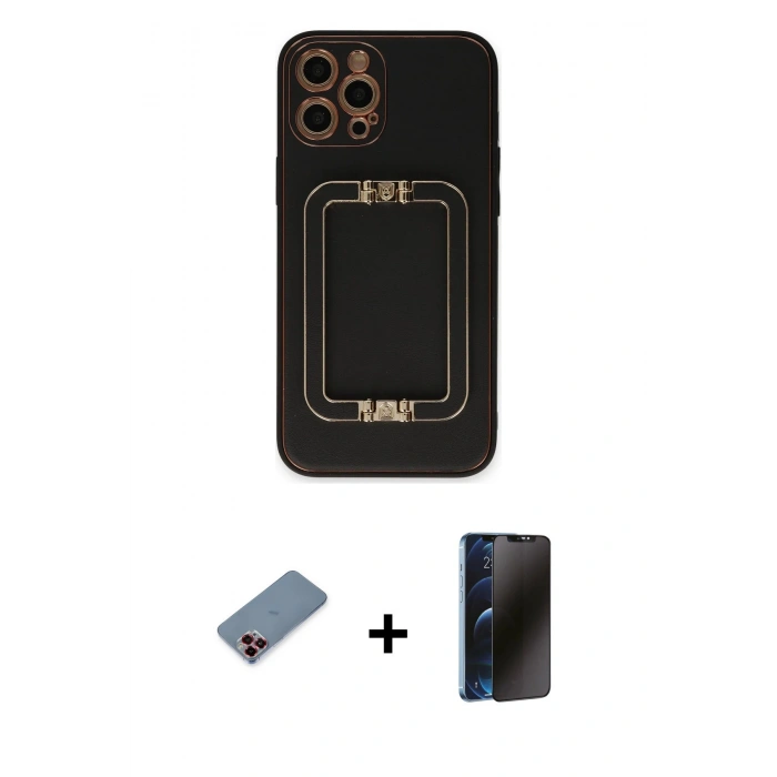 MARSİLYAN™- iPhone 12 Pro Kılıf Kozmos Minimal Prime - Siyah 3D Antistatik Hayalet Cam Ekran Koruyucu + Metal Kamera Lens Koruma Cam - KI