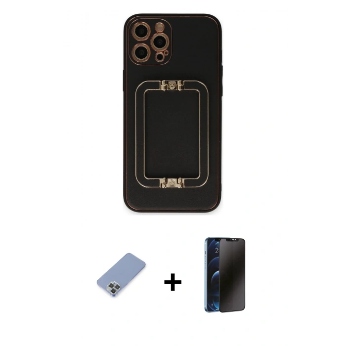 MARSİLYAN™- iPhone 12 Pro Kılıf Kozmos Minimal Prime - Siyah 3D Antistatik Hayalet Cam Ekran Koruyucu + Metal Kamera Lens Koruma Cam - KUYL